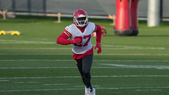 Nov 3, 2023; Frankfurt, Germany; Kansas City Chiefs safety Chamarri Conner (27) participates in special teams drills at DFB Campus. Mandatory Credit: Kirby Lee-USA TODAY Sports  